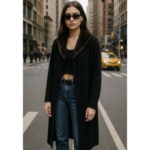 90s Vintage Black Cotton Blend Cardigan w/ Faux Fur Trim Cool Girl Sz M